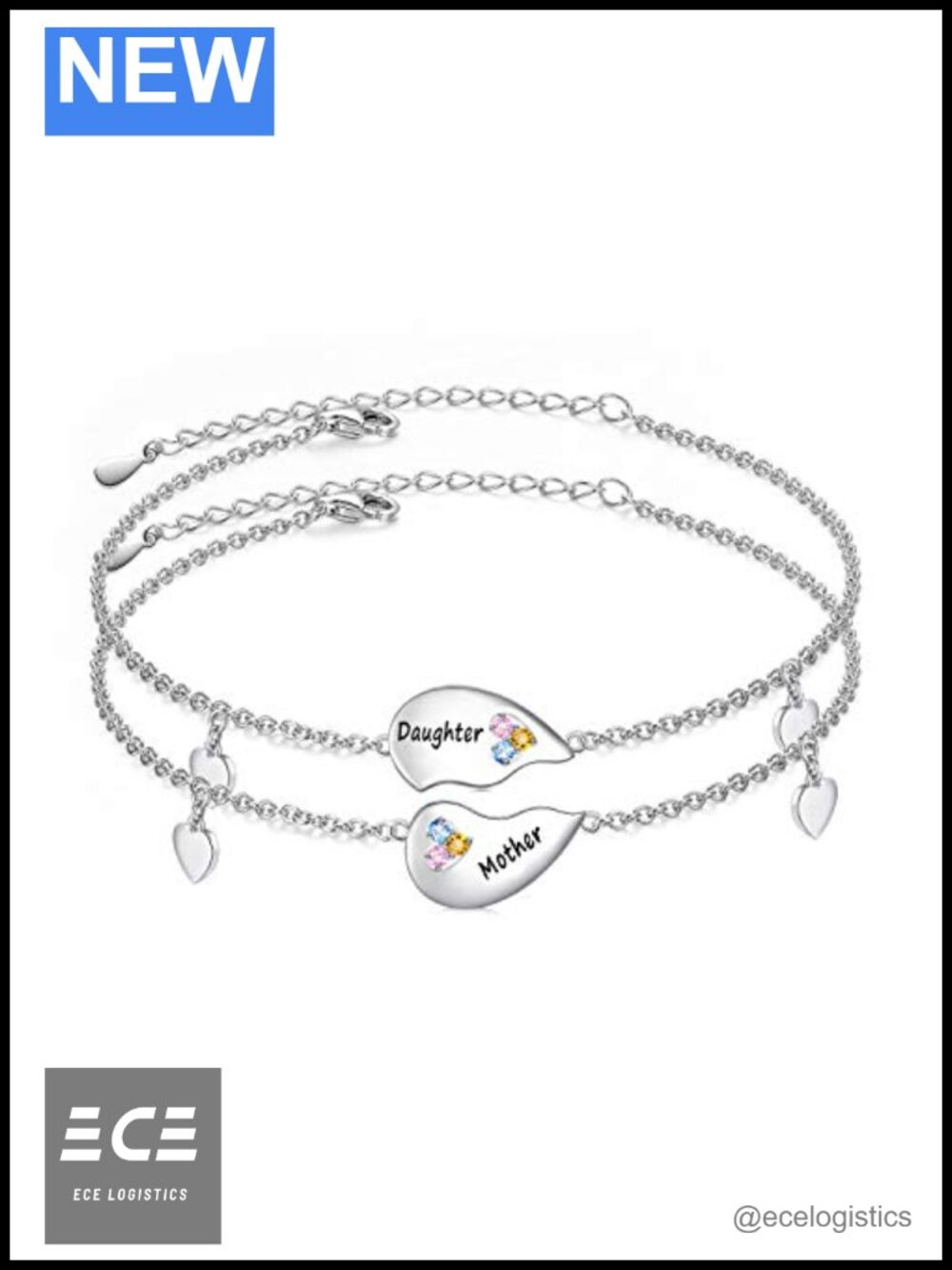 Sterling Silver Mother Daughter Charm Bracelet Set of 2 Heart Link